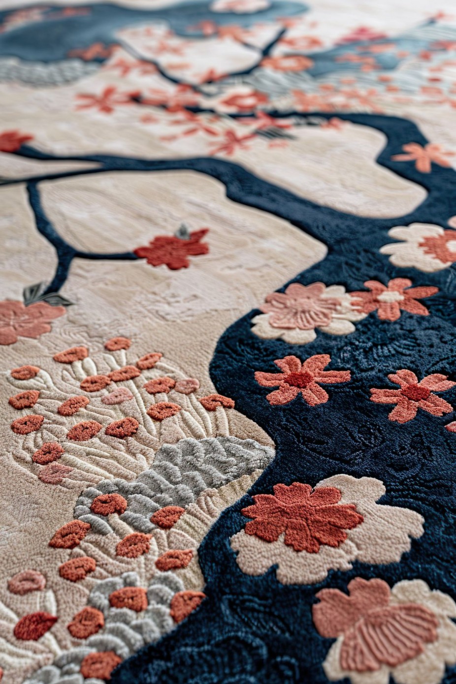 靛蓝区块与浅米色的花卉编织设计